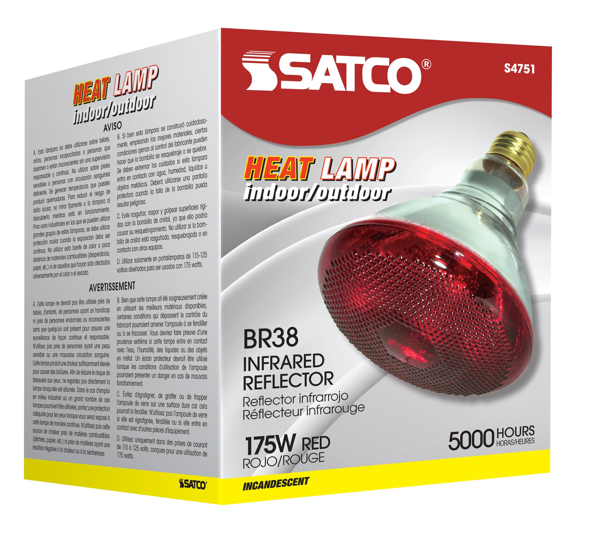 Satco S4751 - 175 watt BR38 Incandescent; Red Heat; 5000 average rated hours; Medium base; 120 volts